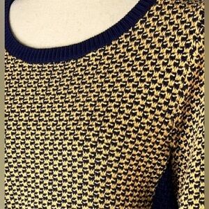 TALBOTS Basketweave Sweater M Petite Open Knit Cotton Navy Camel Neutral Classic